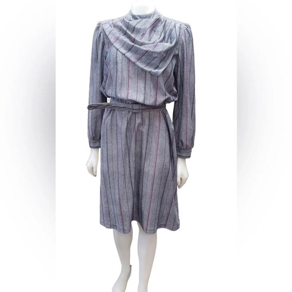 Vintage 1970’s MIDI Sears Long Sleeve Grey Striped Dress Size 14